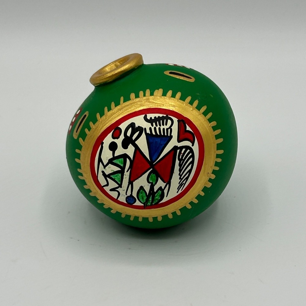 Terracotta Hand Painted Flat Warli Miniature Tilted Bud Vase Green Gold Folk Art
